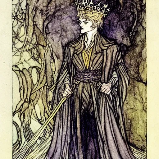 Prompt: A handsome King of the Fae with blond hair wearing an exquisite suit and a crown, color illustration by Arthur Rackham