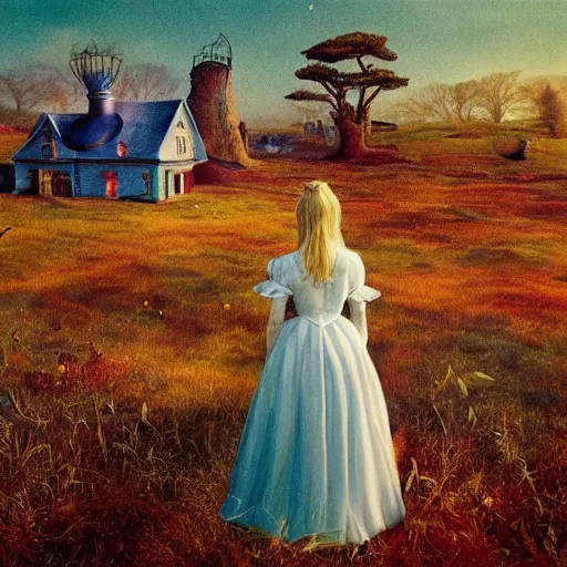 Prompt: Elle Fanning in the painted world of Alice in Wonderland, head and shoulders masterpiece, apocalypse, golden hour, cosmic horror, artstation, in the style of Andrew Wyeth and Edward Hopper and Bosch, extremely detailed