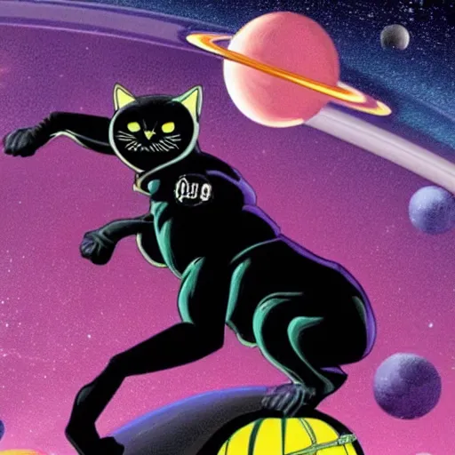 Image similar to skeletor riding a giant black cat in outer space