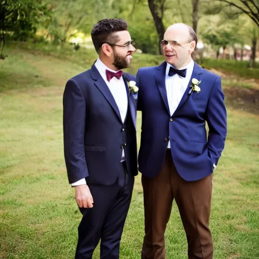 Image similar to a lovely gay wedding between a middle aged balding white man and a young brown skinny Latino man