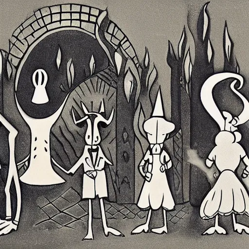 Prompt: group of cartoon characters standing in front of a fire, concept art by Lotte Reiniger, cg society, harlem renaissance, hellish background, lovecraftian, matte drawing