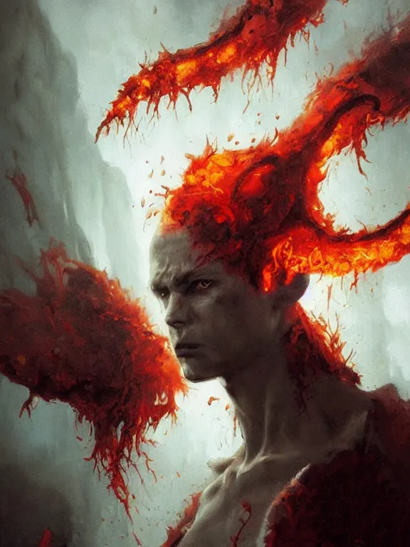 Image similar to painting by greg rutkowski of a flying sorrowful looking human head with tears running down it's eyes, face that is chalk white in color, with long sprawling white tentacles stemming down it's neck, fiery scorching red eyes, flying in a terrying hellish dark cavernous place