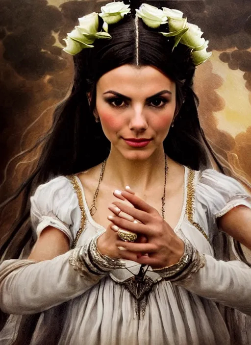 Image similar to film still from an Italian historical Western film of a Victoria Justice as the goddess of white roses . ultra detailed painting at 16K resolution and amazingly epic visuals. epically beautiful image. amazing effect, image looks gorgeously crisp as far as it's visual fidelity goes, absolutely outstanding. vivid clarity. ultra. iridescent. mind-breaking. mega-beautiful pencil shadowing. beautiful face. Ultra High Definition. godly shading. amazingly crisp sharpness. photorealistic film cel processed twice..