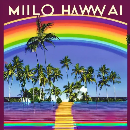 Image similar to miracle musical Hawaii part ii album cover, showing an ocean in the background, spiral transparent stairs on the left with tall palm trees behind it, a slight rainbow in the background, white outline border, moon in the right top area black and white except for the rainbow album cover rainbow text in the center reading Hawaii part ii, 80s Japanese