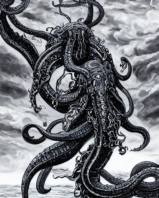 Prompt: A huge blue kraken in a vast sea, terrifying, black and white, fantasy art, monster art, in the style of masami kurumada, illustration, epic, fantasy, intricate, hyper detailed, artstation, concept art, smooth, sharp focus, ray tracing