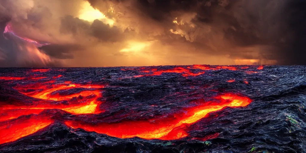 Prompt: dark storm clouds pouring jets of bright lava into the sea below, out at sea, huge swelling iridescent waves, 8k photorealistic, dramatic lighting, chiaroscuro