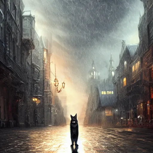 Image similar to a cat in a cloak, in a fantastic city , dramatic lighting, cinematic, establishing shot, extremely high detail, foto realistic, cinematic lighting, post processed, concept art, high details, cinematic, 8k resolution, beautiful detailed, photorealistic, digital painting, artstation, concept art, smooth, sharp focus, artstation trending, octane render, unreal engine