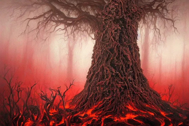 Prompt: Haunting horrifying hyperrealistic detailed painting of a huge tall ent creature sitting atop a mountain of flames in a foggy hellscape with spread out pools of crimson red gelatinous liquid and goop, eyeballs bulging, sparks of fire flying, dystopian feel, heavy metal, disgusting, creepy, unsettling, in the style of Michael Whelan and Zdzisław Beksiński, lovecraftian, hyper detailed, trending on Artstation