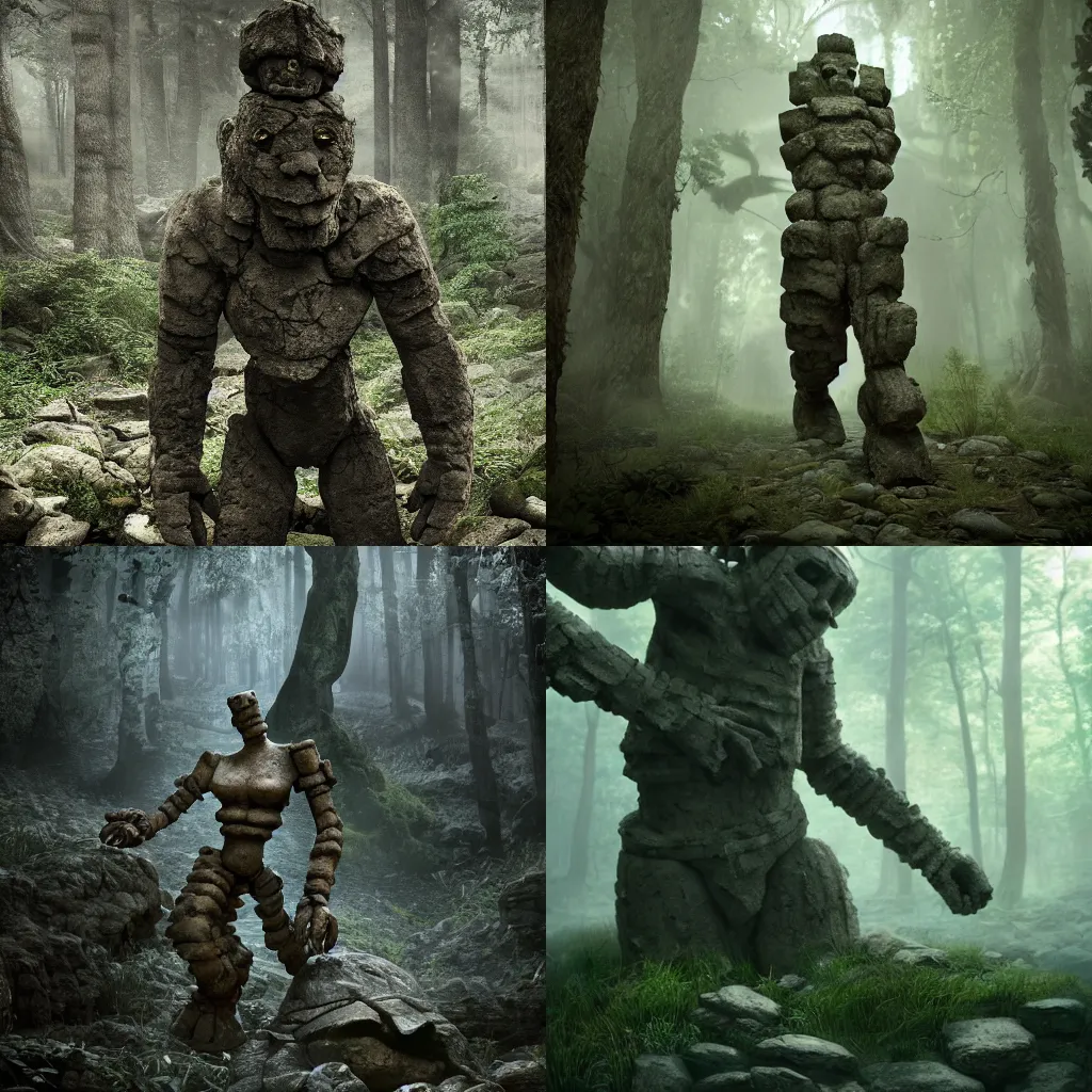 Prompt: an ancient stone golem in a mysterious forest, detailed, intricate, cinematic lighting, trending of artstation, 4k, focused, extreme details, cinematic, masterpiece