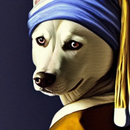 Prompt: girl with a pearl earring but as a siberian husky dog, ultra realistic, very detailed