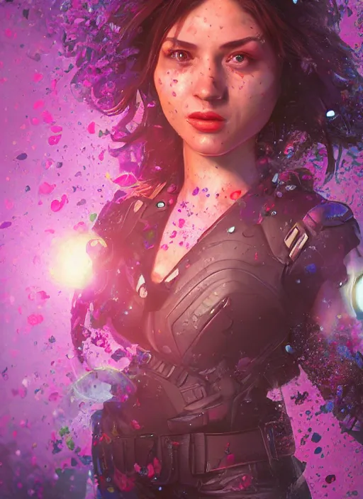 Image similar to An epic fantastic realism comic book style portrait painting of the most beautiful woman in the universe, flowers rain everywhere, fisheye lens, Apex Legends Concept Art, unreal 5, DAZ, hyperrealistic, octane render, cosplay, RPG portrait, dynamic lighting