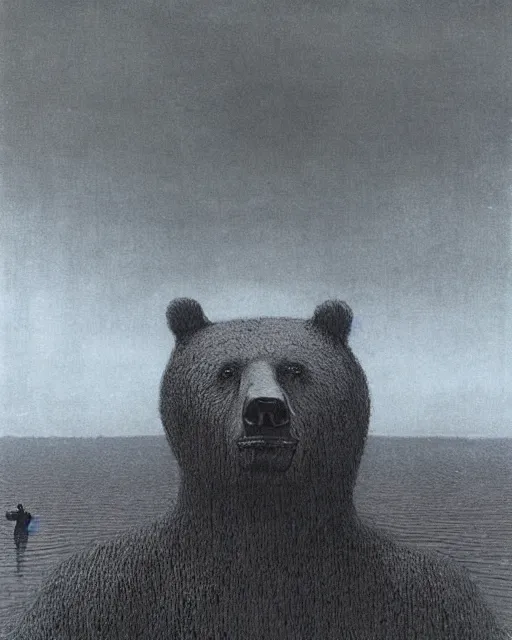 Image similar to giant terrifying bear god above a honey pond, scary, foreboding, mysterious minimalistic, by beksinski