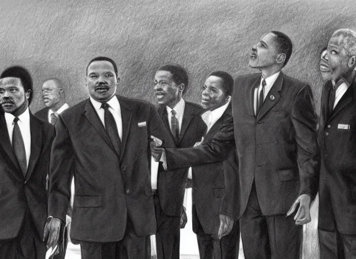 Image similar to basic pencil drawing of martin luther king, michael jackson, presidant obama and nelson mandela together uhd, ultra realistic, 4 k, movie still, detailed, sharp, real life, cinematic