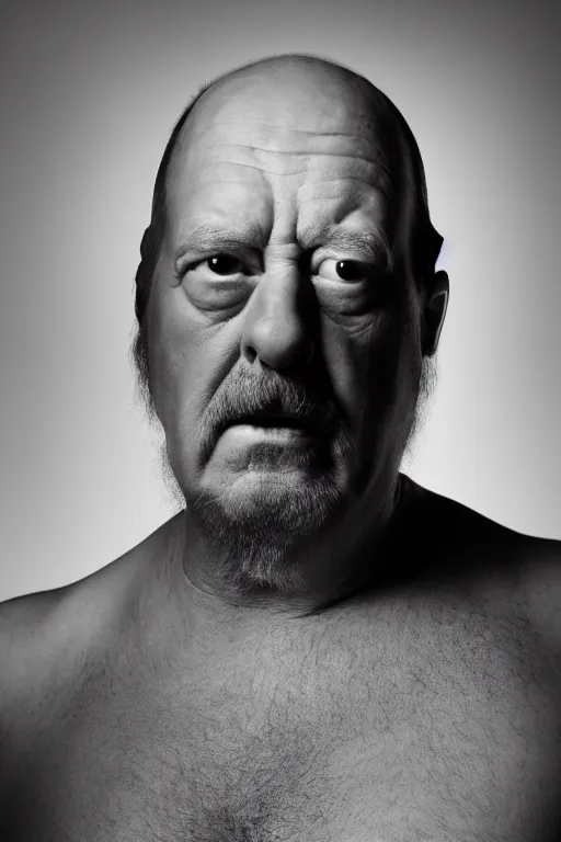 Prompt: studio portrait of man, 4 0 years, homer simpson lookalike, looks like a real life version of homer simpson, as if looking at a cartoon character, soft light, black background, fine skin details, close shot, award winning photo by annie leibovitz