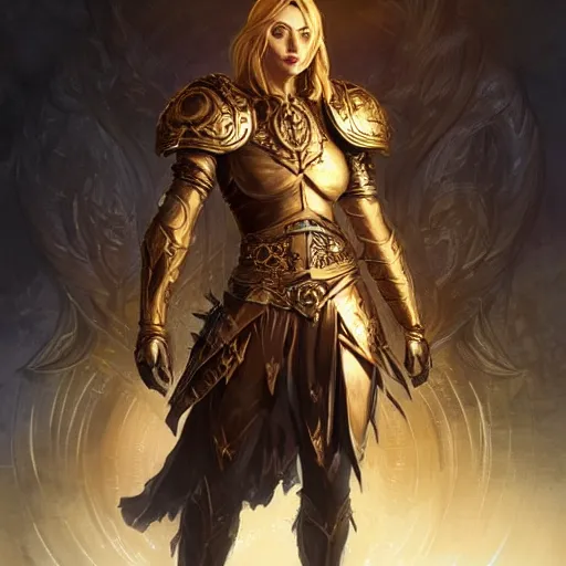 Prompt: beautiful character design of an aasimar wearing leather armor, light skin, golden eyes, d&d, full body, warm lighting, symmetrical face, intricate design, character concept, subtle vibrancy, pathfinder, by christophe young, charlie bowater
