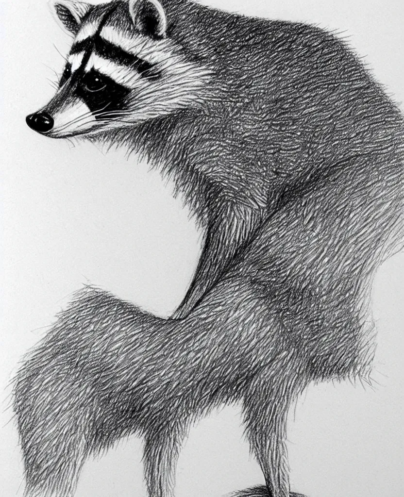 Image similar to detailed pencil sketch of a raccoon holding up and looking at a starfish, chris van allsburg