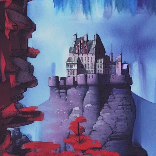 Image similar to a painting of a castle with a waterfall in front of it. digital painting, vertical, intricate, beautiful, detailed, grunge, sharp focus, abstract art by kuvshinov and el lissitzky and artgerm and kandinsky, trending on artstation. blue, dark red and dark purple color scheme, gradient darker to bottom