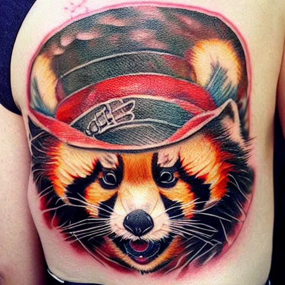 Prompt: “neotraditional tattoo of a red panda in a fullcap hat, digital art, tattoo art, highly detailed, hiperrealistic, photorealistic, 4k UHD, Zoltán Szente”