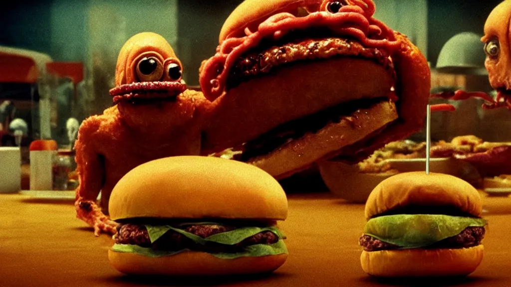 Image similar to the strange burger creature at the fast food place, film still from the movie directed by denis villeneuve and david cronenberg with art direction by salvador dali and zdzisław beksinski, wide lens