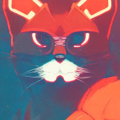 Image similar to cyberpunk orange cat by atey ghailan, by greg rutkowski, by greg tocchini, by james gilleard, by joe fenton, by kaethe butcher, dynamic lighting, gradient red blue, brown, blonde cream and white color scheme, grunge aesthetic