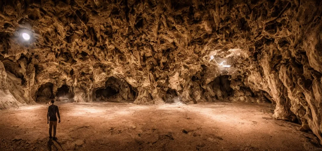 Image similar to Discovering a giant cavern full of terracotta Godzilla statues, dramatic low key lighting, fog, wide angle lens, 15mm