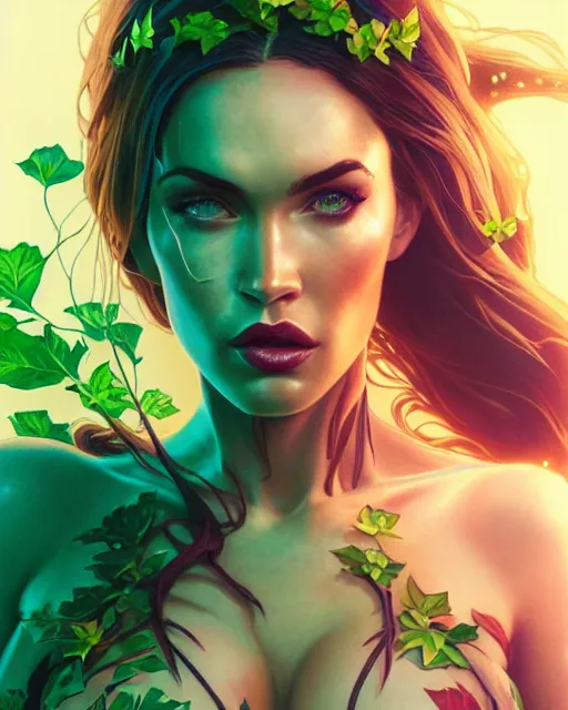 Image similar to highly detailed vfx portrait of megan fox as poison ivy, stephen bliss, unreal engine, greg rutkowski, loish, rhads, beeple, makoto shinkai and lois van baarle, ilya kuvshinov, rossdraws, tom bagshaw, alphonse mucha, global illumination, detailed and intricate environment