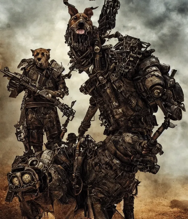 Image similar to a good ol'hound dog fursona ( from the furry fandom ), heavily armed and armored facing down armageddon in a dark and gritty version from the makers of mad max : fury road. witness me.