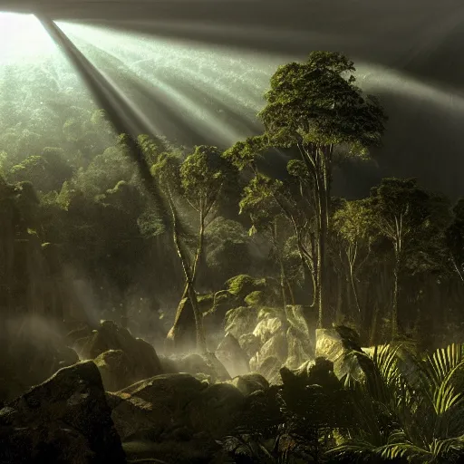 Prompt: rhythmic interval tectonic surfaces as resonant harmonic organic mystical megastructure crystal lattice pyramid architectures exploding with light and god rays in a hawaiian forest by albert bierstadt, by glen small, by giovanni battista piranesi, photorealistic, god rays, octane render, depth of field, volumetric light, volumetric fog