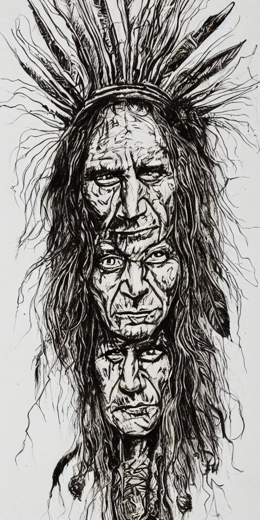 Image similar to a detailed loose wild messy ink sketch portrait of a Native American shaman in the style of Ralph Steadman, caricature, dramatic with sepia watercolor fill