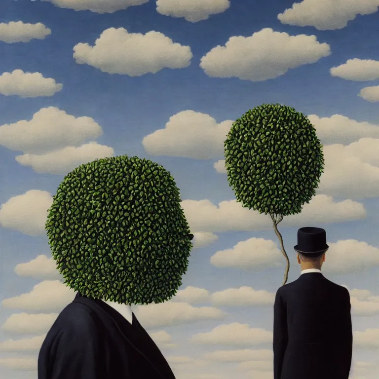 Prompt: portrait of a faceless beautiful flower - head man in a suit, clouds in the background, by rene magritte, detailed painting, distance, centered, hd, hq, high resolution, high detail, 4 k, 8 k