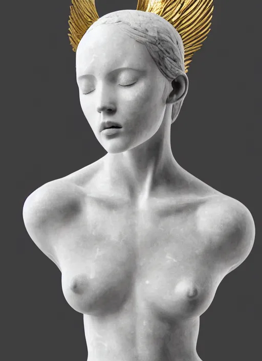 Image similar to a statue made of white marble with gold veins, of an beautiful gorgeous angel girl, full body shot, perfect symmetrical body, perfect symmetrical face, no eyes, hyper realistic, hyper detailed, fujicolor superia 1 6 0 0 photo, by johannen voss, by peter kemp, by monia merlo, by michelangelo octane render, blender, 8 k