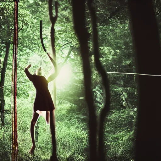 Prompt: a female made out of string surrounded by forest cinematic, 8 k, depth of field, bokeh.