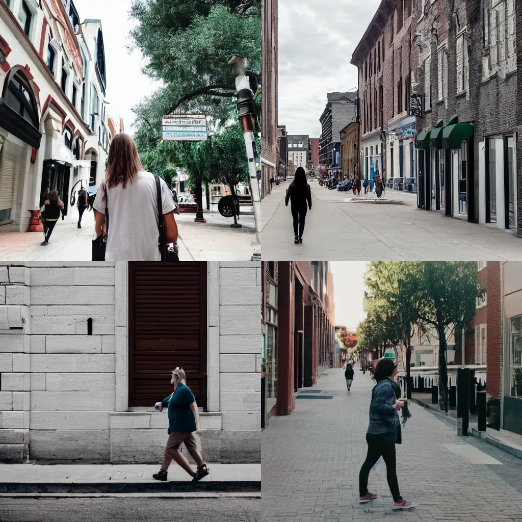 Prompt: an amazed human walking through the streets of the historic downtown