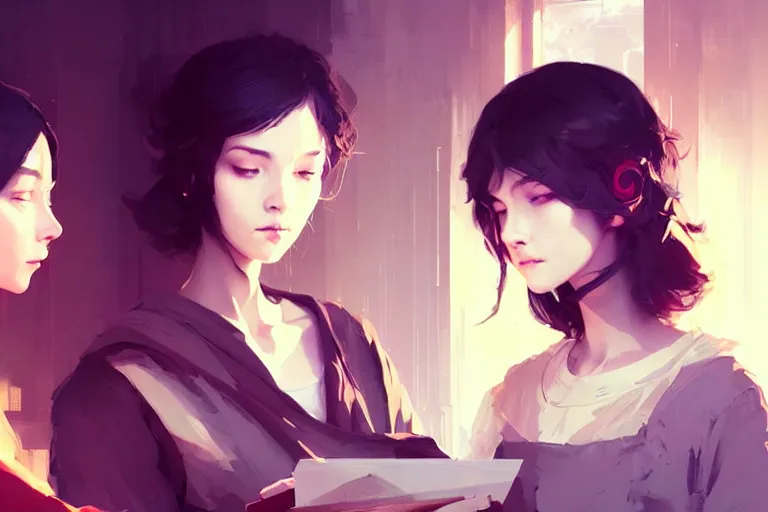 Image similar to portrait of two wise and very beautiful women discussing some texts appearing in a computer screen, art by guweiz and greg rutkowski, intricate, elegant, highly detailed, smooth, sharp focus, artstation