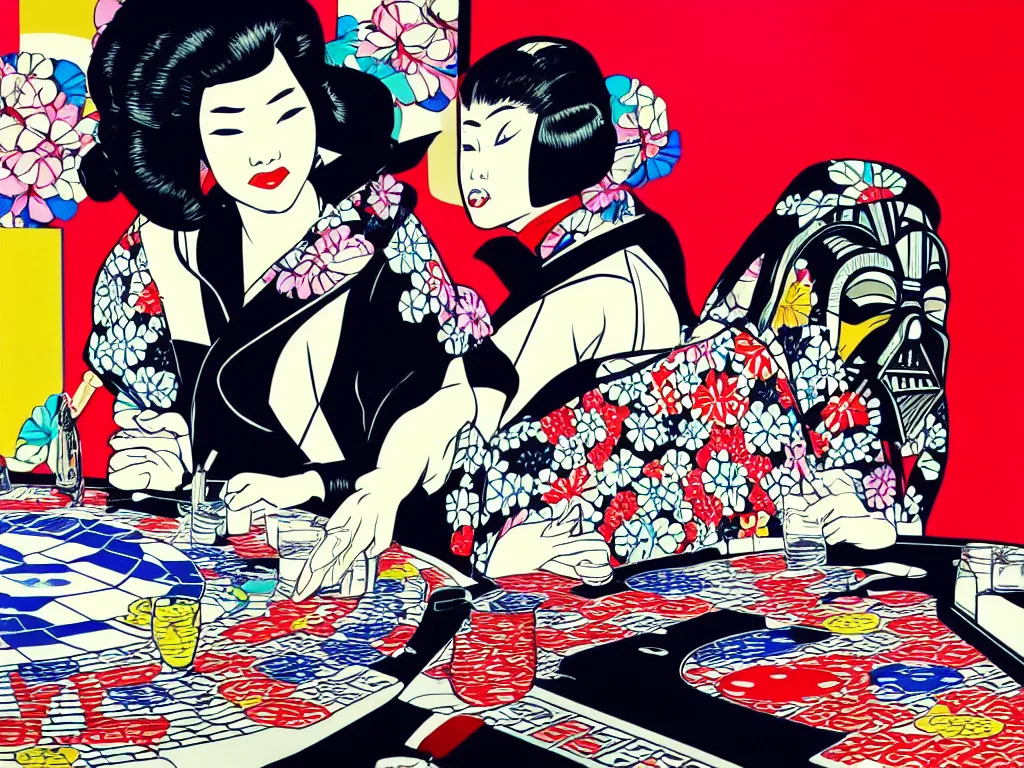 Image similar to hyperrealistic composition of the detailed woman in a japanese kimono sitting at a poker table with detailed darth vader, fireworks, mount fuji on the background, pop - art style, jacky tsai style, andy warhol style, roy lichtenstein style, acrylic on canvas