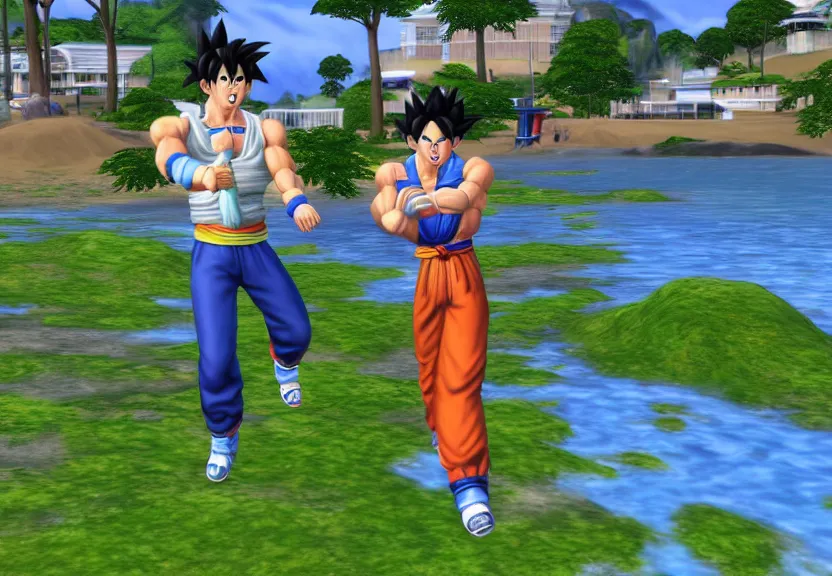 Prompt: A screenshot of Goku in The Sims 3.
