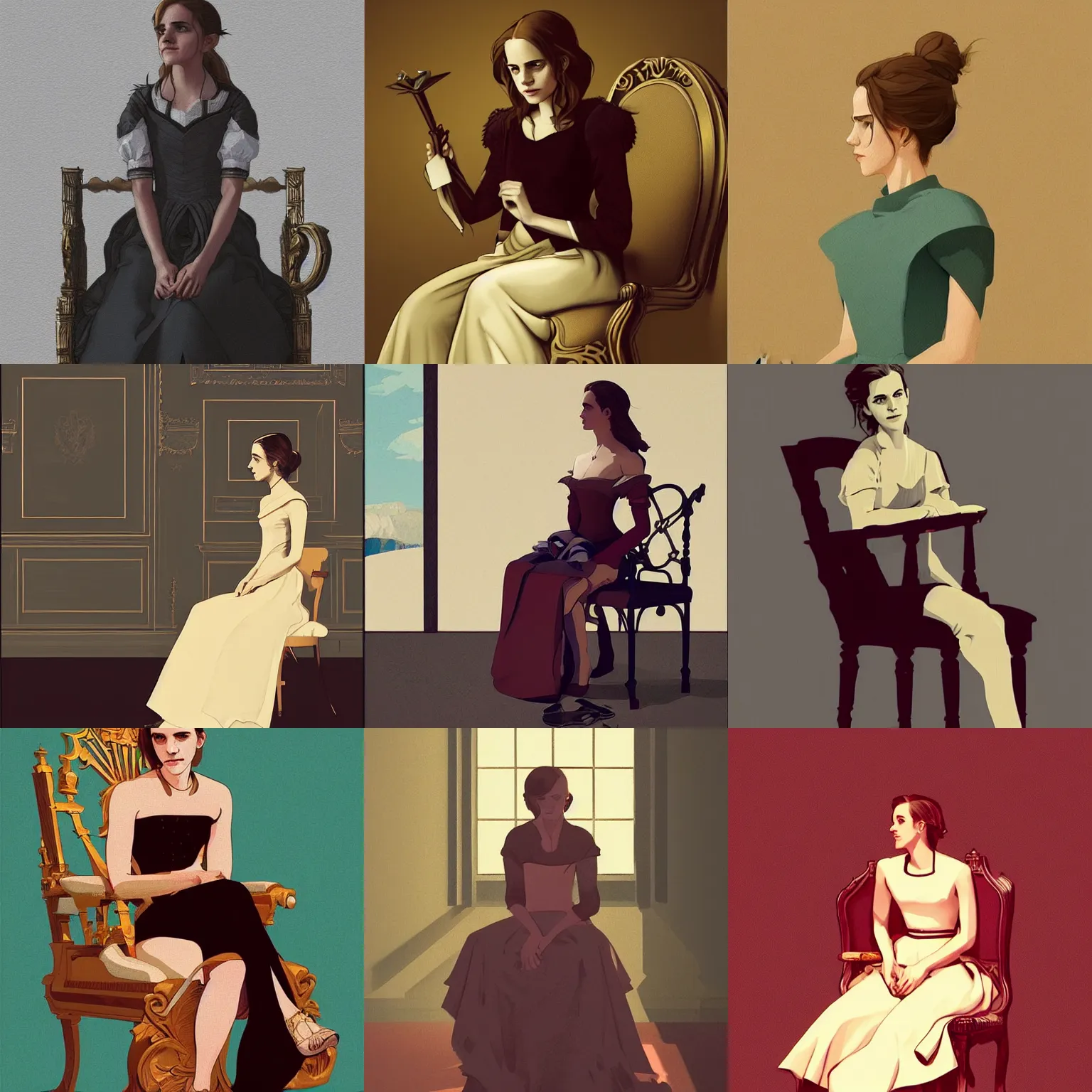 Prompt: Emma Watson sitting on throne vector art by moebius and atey ghailan by james gurney by vermeer by George Stubbs full body full body full body full body trending on artstation