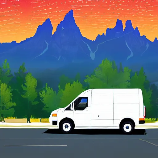 Image similar to a cyberpunk illustration of the view at grand teton national park with a white ford transit van in the background, digital art