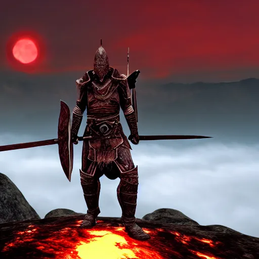 Image similar to photo realistic dovahkiin standing on a mountain wearing daedric armor with an eerie blood red eclipse in the background