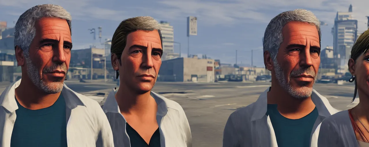 Image similar to jeffrey epstein and ghislaine maxwell in gta 6