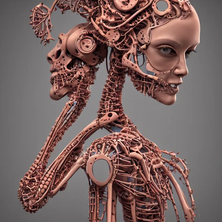 Prompt: portrait of beautiful!! horizontally symmetrical!! ceramic woman's head with coral!! reef hair. torso, mechanical skeleton, biomechanical android. soft light painted by james jean and moebius!!, inspired by mary jane ansell, smooth face feature, horizontal symmetry!!!, intricate oil painting, high detail 3 d render, high detail