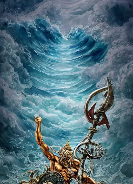 Image similar to Poseidon, the king of sea, with crown and trident rising from the ocean, watercolor, dramatic lighting, cinematic, establishing shot, extremly high detail, foto realistic, cinematic lighting, pen and ink, intricate line drawings, by Yoshitaka Amano, Ruan Jia, Kentaro Miura, Artgerm, post processed, artstation, matte painting, style by eddie mendoza, raphael lacoste, alex ross