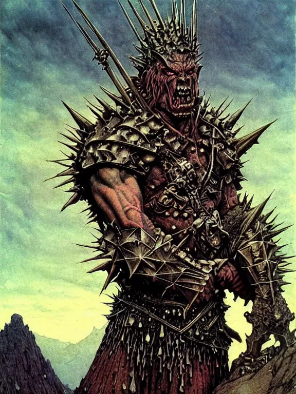 Image similar to A powerful large orc with pale skin covered in scars stands near the mountains, wearing spiky complex detailed armor without a helmet. Extremely high detail, realistic, fantasy art, scars, solo, masterpiece, saturated colors, art by Zdzisław Beksiński, Arthur Rackham