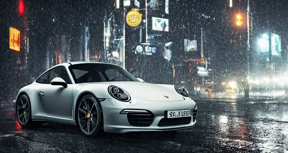 Image similar to close up macro shot of a porsche 9 1 1 car on wet city street at night, intricate, hyper detailed, smooth, high contrast, neon, volumetric lighting, octane, moebius, greg rutkowski, blade runner, ripley scott, cindmatic