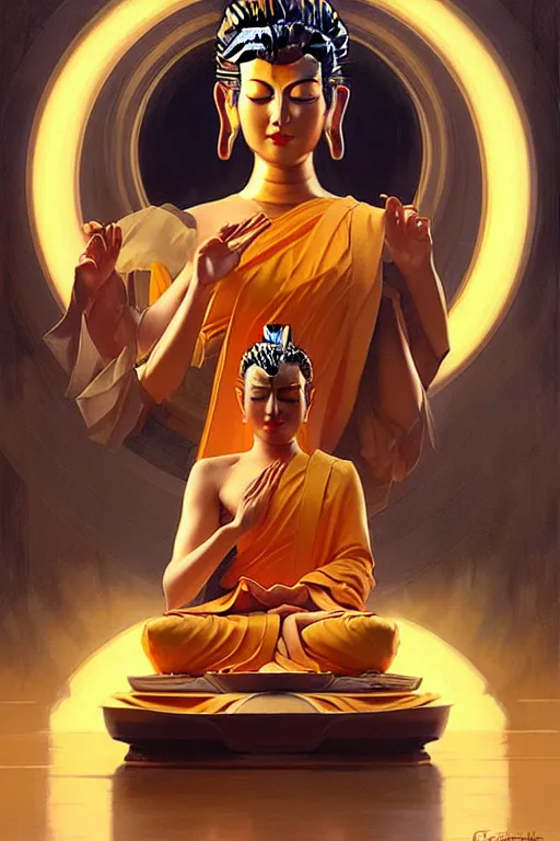 Image similar to buddhism, futurism, taoism, painting by greg rutkowski, j. c. leyendecker, artgerm