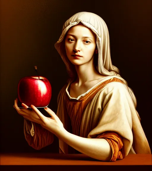 Prompt: portrait of an apple sitting upon a table with heightened detail, poised, intense emotion, detailed facial expression, detailed surroundings, intricate, elegant, highly detailed, centered, digital painting, artstation, concept art, smooth, sharp focus, illustration, by ( leonardo da vinci ), wlop