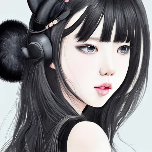 Image similar to realistic beautiful gorgeous buxom natural cute Blackpink Lalisa Manoban black hair cute fur black cat ears, wearing white camisole, headphones, black leather choker artwork drawn full HD 4K highest quality in artstyle by professional artists WLOP, Taejune Kim, Guweiz on Pixiv Artstation