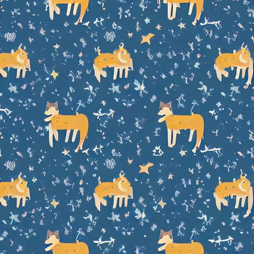 Prompt: A beautiful fabric pattern texture, of foxes playing in a forest at night, blue dark sky with stars, typographics art, by James Jean