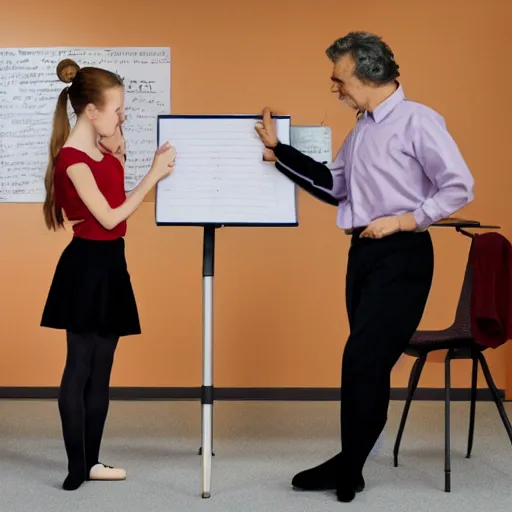 Image similar to photo of teen ballerina teaching formulas to Einstein at blackboard, photorealistic ultra realistic