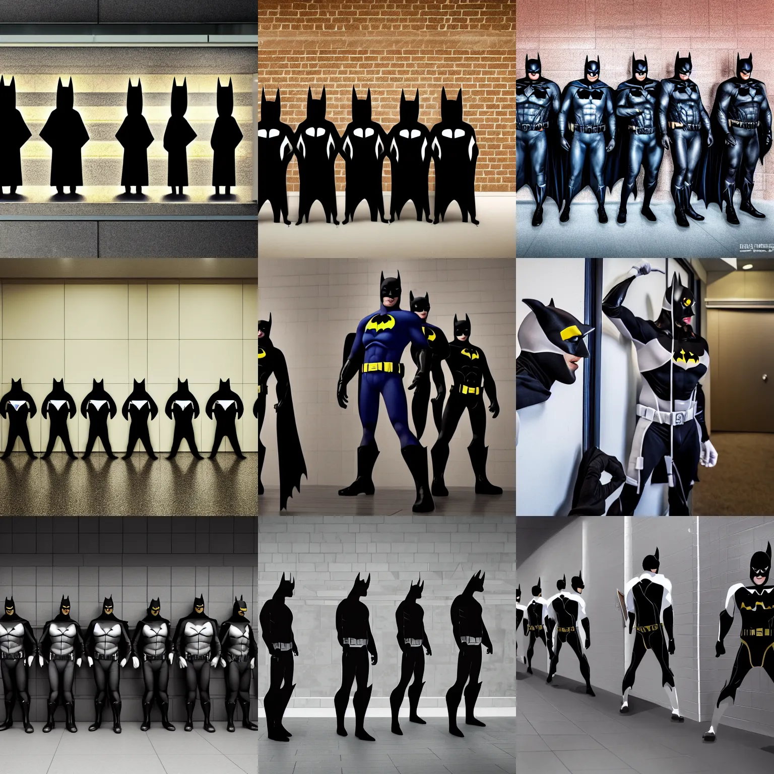 Prompt: a set of batmans stood in a line, queuing for the toilet door, hallway, expo center, toilet sign on the wall, cosplay, rendered image, sharp details, clear lighting, 4k